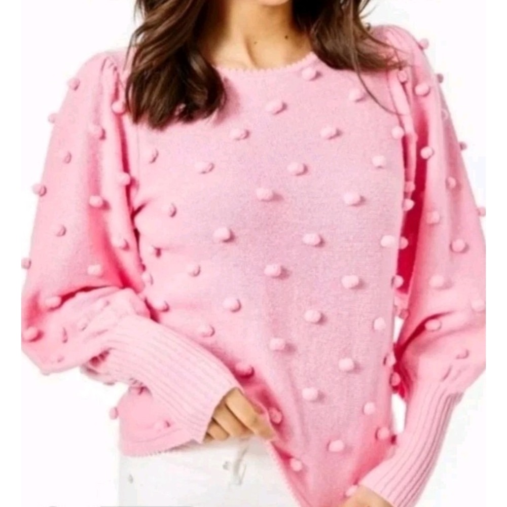 Lilly Pulitzer Kippa Pom-Pom Sweater Puff Sleeves Bubble Gum Pink Women's Size L